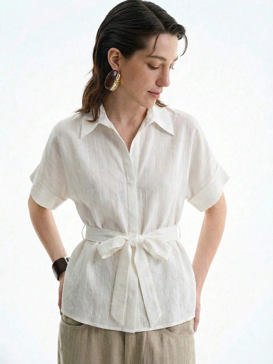 Aalyst Women's White Summer Elegant Office Striped Linen-Like Shirt Collar Button Waist Drawstring Tie Short Sleeve Side Slit Blouse,French Retro Commute - Apricot - View 1