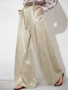 Aveloria Modichic 女士优雅宽松飘逸长裤，配皮带，修饰腿型，适合通勤 - 米色 - 查看 4