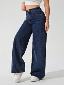 SHEIN ICON 大码女式复古休闲直筒中度水洗牛仔裤 - 深色水洗藍 - 查看 6