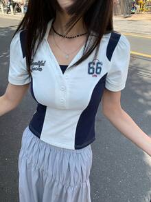 DAZY Women's Polo Collar Contrast Color Korean Street Letter Print Short Sleeve T-Shirt Summer - White - View 1