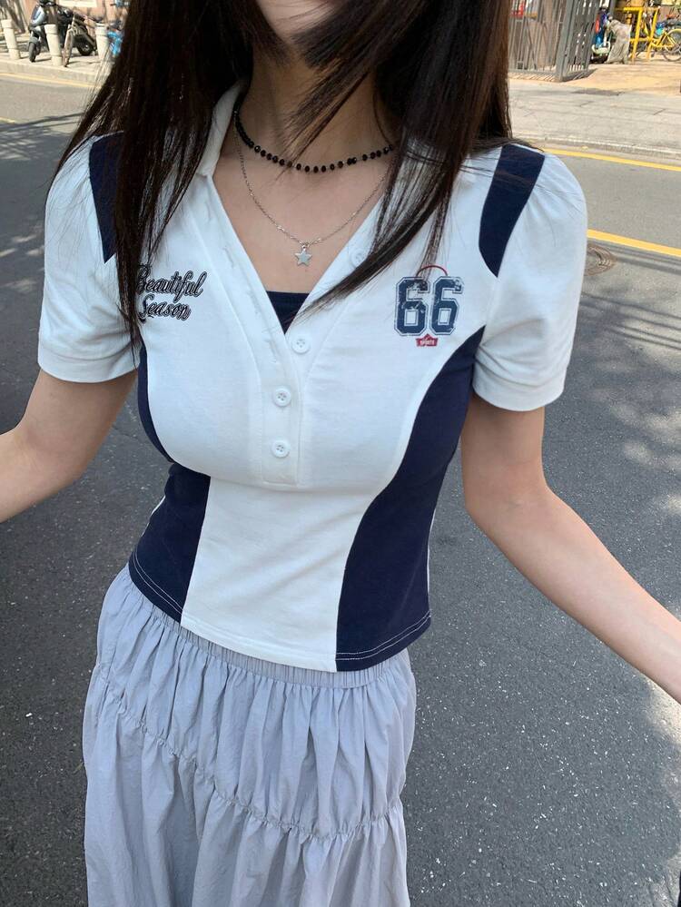 Women's Polo Collar Contrast Color Korean Street Letter Print Short Sleeve T-Shirt Summer