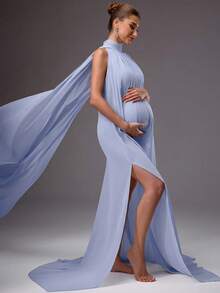 MaterniChic Maternity Solid Color Ruched Side Slit Tie Neck Dress - Baby Blue - View 5
