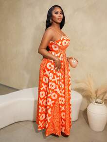 BamGleam Robe à bretelles fines avec imprimé mode et patchwork pour femme - Orange - Voir 5