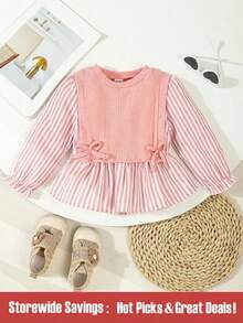 Baby Girl Casual Vacation Daily Textured Striped Puff Sleeves Knit Cardigan Shirt, Long Sleeve 2 In 1 Top, Autumn/Winter - Pink - View 1