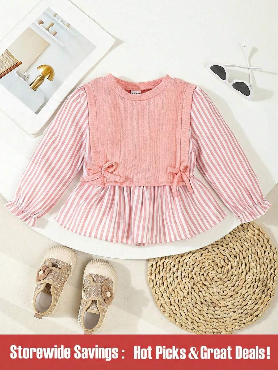 Baby Girl Casual Vacation Daily Textured Striped Puff Sleeves Knit Cardigan Shirt, Long Sleeve 2 In 1 Top, Autumn/Winter - Pink - View 1