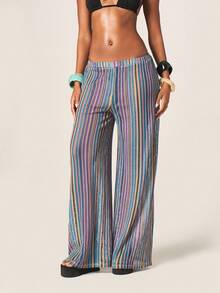 MISSGUIDED Women's High Waisted Wide Leg Textured Multicolor Striped Palazzo Pants Bohemian Casual Summer Beach Resort Flowy Pants - Multicolor - View 1