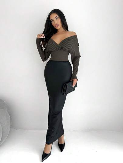 Shopreo 女士纯色 PU 皮革长款优雅中长裙，秋季黑色皮革连衣裙仿皮连衣裙紧身长裙