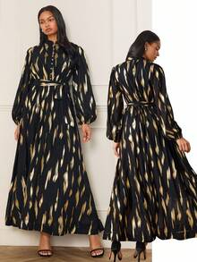 Lilora Elegantes Pendler-Maxikleid mit goldener Folien-Laternenärmel für Damen, raffinierte und elegante Outfits vom Frühling bis Sommer, Frühlingsoutfit für Damen - Schwarz - Übersicht 8