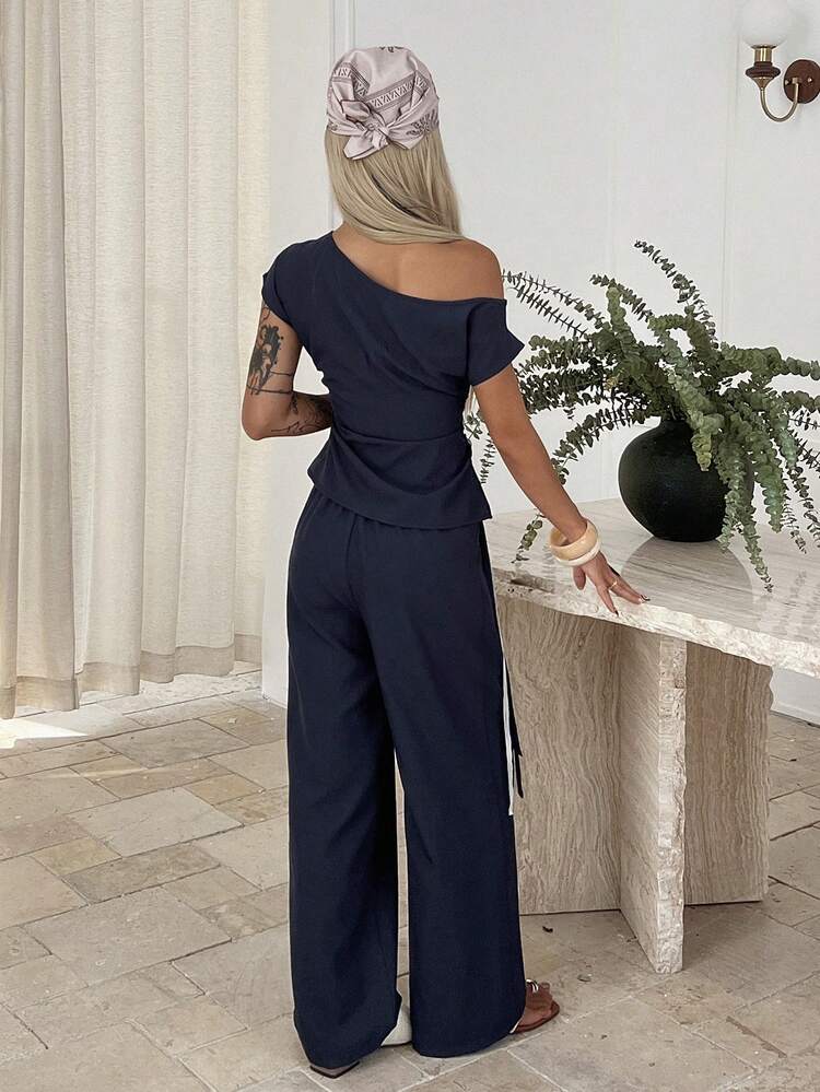 Women's Summer Casual Asymmetric Shoulder Ruched Top With Lace Belt And Wide Leg Pants 2 Pieces Set