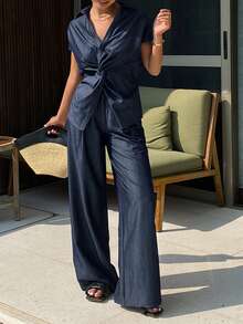 DAZY Women's Casual Washed Twist Shirt And Wide Leg Jeans 2-Piece Suit, Spring/Summer - Medium Wash - View 4