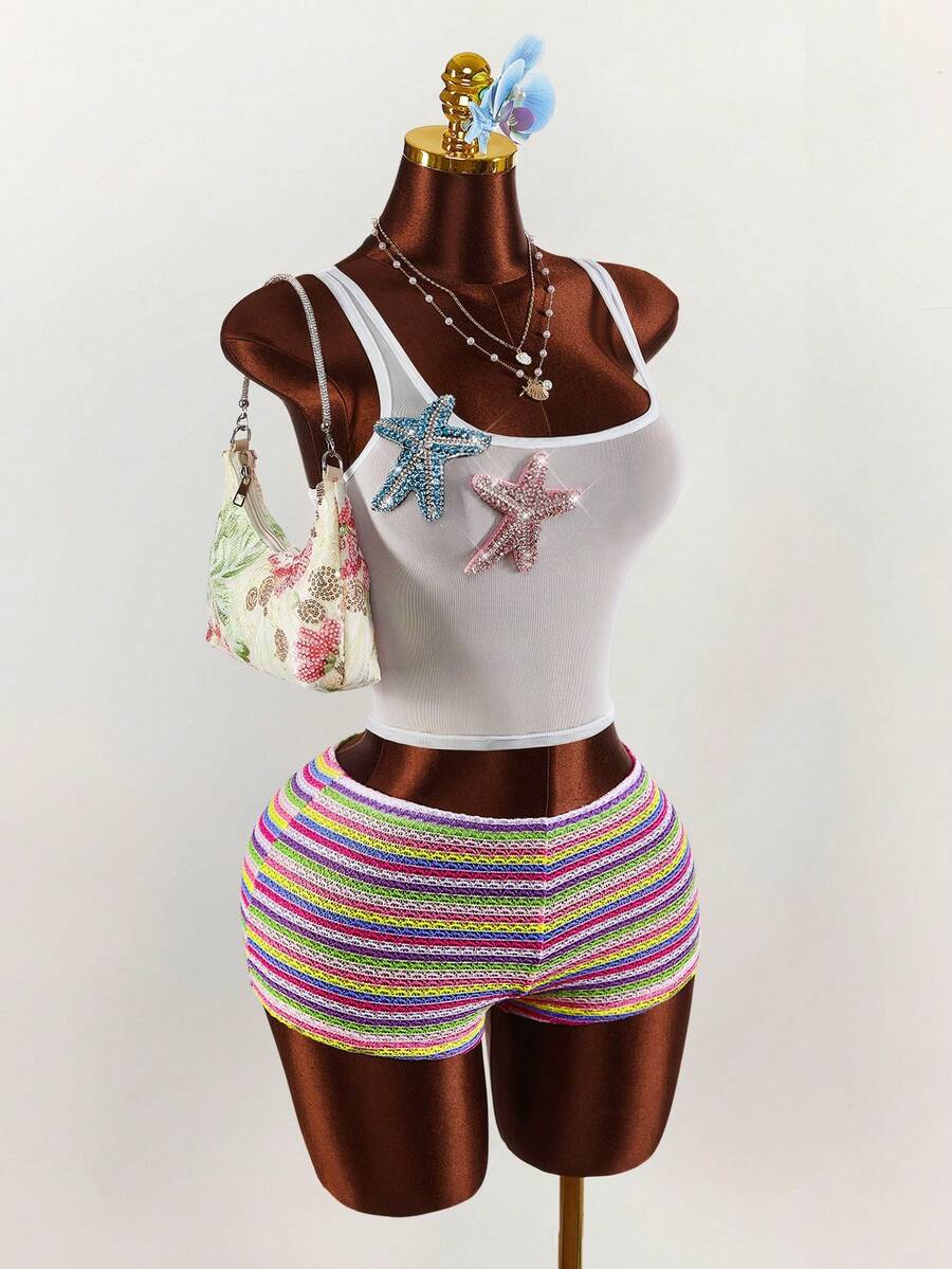 Amplova Beach Vacation Outfit - 3D Star Decor Mesh Tank Top & Colorful Striped Shorts Set For Women Two Piece Spring Set Festival Two Piece Outfit Summer 2 Piece Set Beach 2 Piece Set - Multicolor - View 1