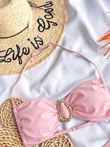 SHEIN Bộ bikini màu trơn không dây đeo vai, thắt nơ, đính trang sức kim loại cho bé gái tuổi teen, thích hợp cho mùa hè, bộ đồ bơi/trang phục đi biển/đồ bơi hai mảnh/đồ bơi cho thiếu nữ, bộ bikini màu hồng có nơ, bikini màu hồng nhạt, bộ bikini màu hồng, đồ bơi hai mảnh màu hồng, đồ bơi cổ yếm màu hồng. - Hồng - Xem 3