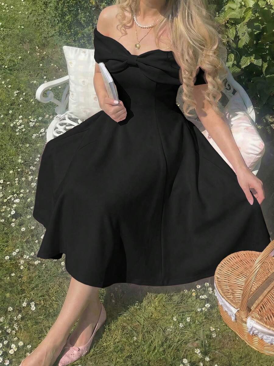 SHEIN MOD Đầm midi nữ màu trơn, trễ vai, xếp ly, thắt eo thanh lịch, thích hợp cho các buổi hẹn hò và tiệc tùng. - màu đen - Xem 1