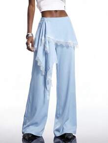 LYSMO 2026 New Minimalist Spring/Summer Women's Blue Lace Patchwork Ruffle Hem Casual Versatile Commuting Wide Leg Pants With Lace Trim - Blue - View 3