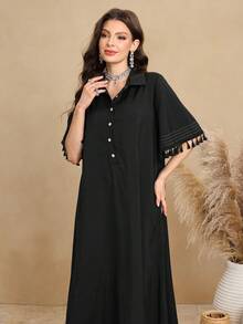 Al Najma Women's Retro Fringe Design Shirt Collar Short Sleeve Dress, Casual Arabic Style - Black - View 3