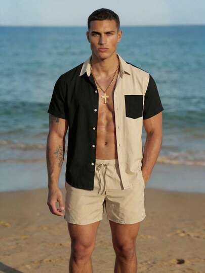 Manfinity EZcore Conjunto de camisa y pantalones cortos de playa con parches de colores contrastantes para hombres de talla grande