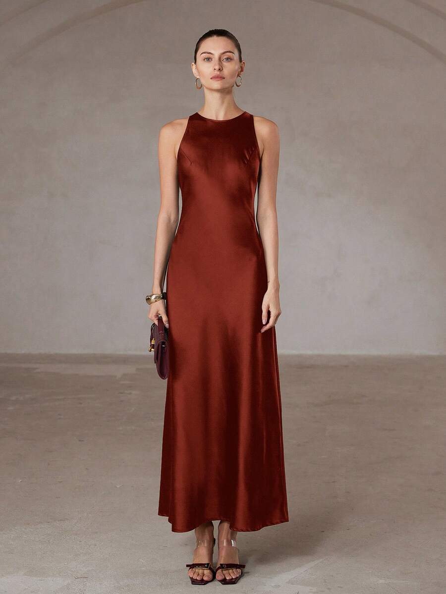 Aveloria Modichic 简约优雅不对称斜裁双面缎面醋酸纤维面料A字无袖连衣裙（女款） - 紅木色 - 查看 1