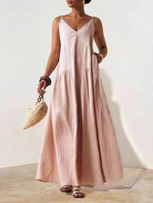 Zivah 2025 春季新品上市 复活节 生日派对 约会 日常出行 必备基础款 休闲度假 邮轮旅行 海滩 街头时尚 极简主义 通勤 V领 细肩带 解构拼接、褶皱细节、隐藏口袋 A字连衣裙 - 藕粉色 - 查看 8