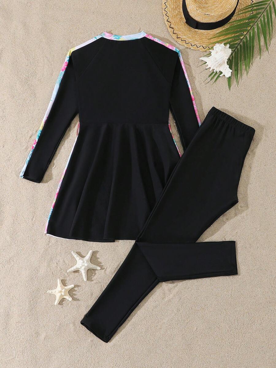 Tween Girl Long Sleeve Leaf Print Zipper Swimwear, Pink Leaf Pattern Swimdress And Pants 2 Pieces Set, Suitable For Beach, Swimming, Vacation - Multicolor - View 1
