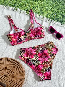 Swim Basics 新款豹纹印花侧高衩两件套比基尼，女士沙滩度假泳装 - 彩色 - 查看 4