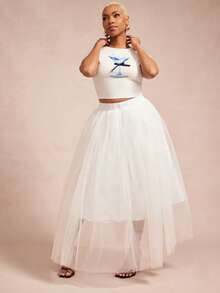 Vixey Black Double Layer Tulle Mesh Midi Skirt With Taffeta Lining - White - View 1