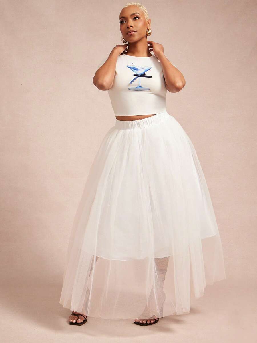 Vixey Black Double Layer Tulle Mesh Midi Skirt With Taffeta Lining - White - View 1