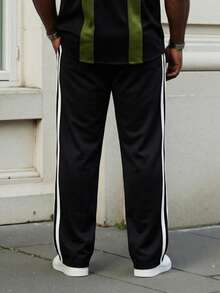 ResortEase Pantalon droit à taille élastique et rayures latérales pour hommes en grande taille, pantalon noir long pour sortie, cadeau pour mari ou petit ami, automne - Noir - Voir 3