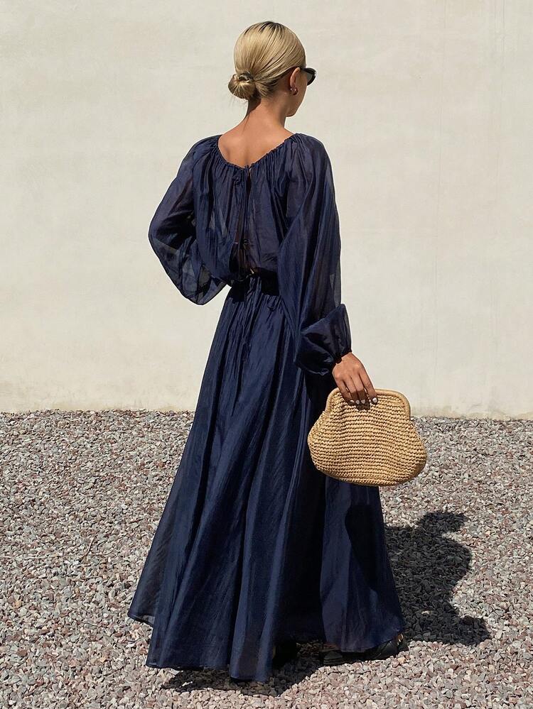 Women's Summer Vacation Outfit, Round Neck Long Sleeve Top And Flared Skirt 2 Pieces Set