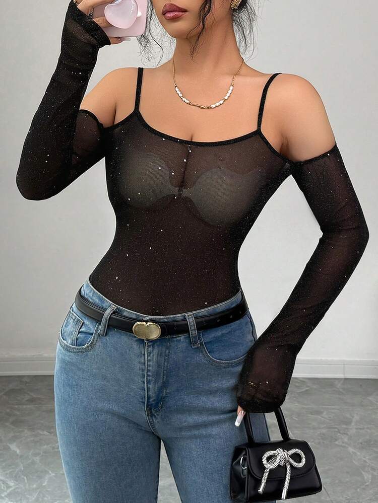 Women's Fashionable Sexy Shiny Sheer Off-Shoulder Camisole