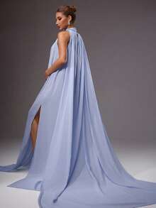 MaterniChic Maternity Solid Color Ruched Side Slit Tie Neck Dress - Baby Blue - View 2