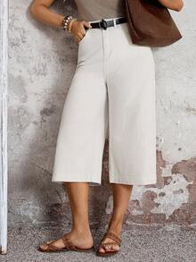 SHEIN LUNE Women's High Waist Pocketed Wide Leg Capri Length Jeans,Off-White Casual Autumn Brunch Loose Denim Pants For Office,Work,Party,Wedding Guest&Vacation - White - View 3