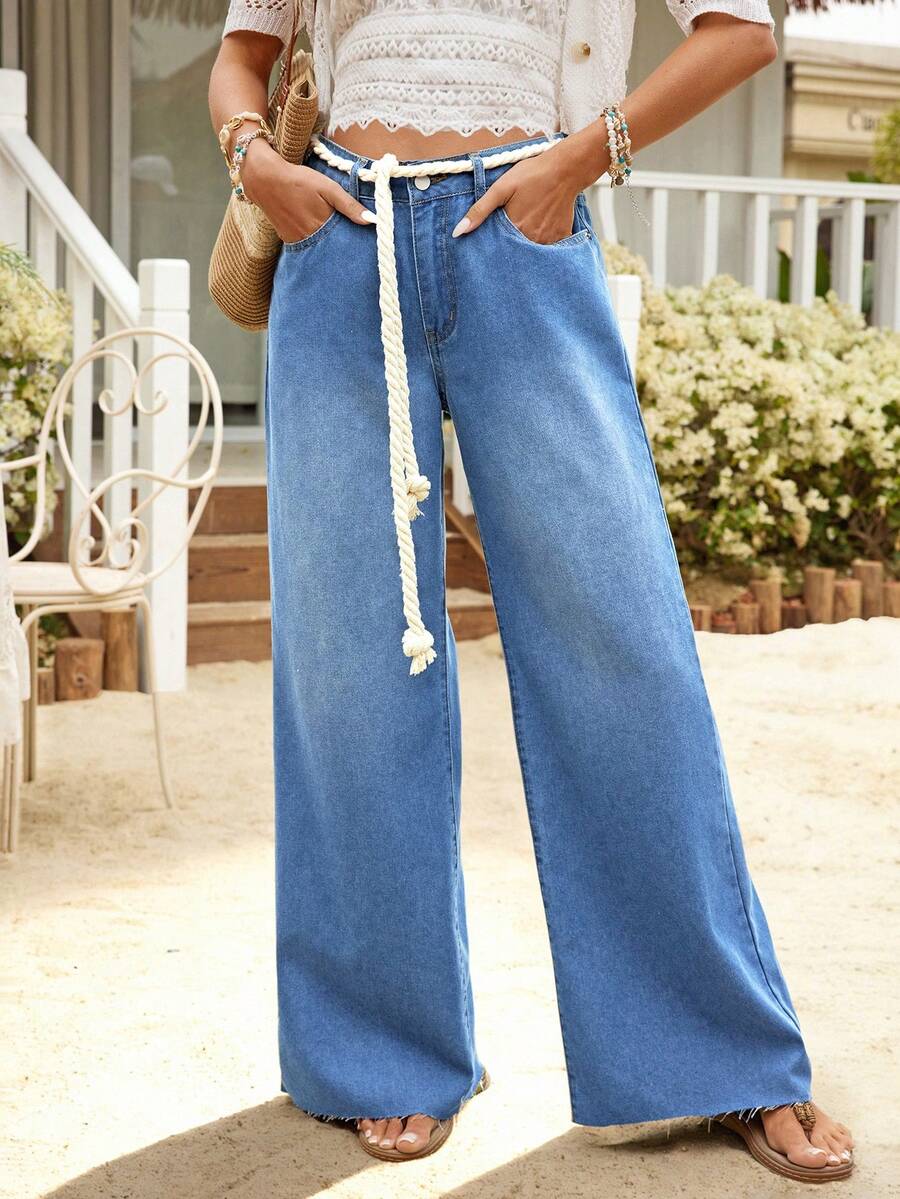 Jeans de pierna ancha con bolsillos en ángulo lavados para uso casual diario de mujer - Azul - Ver 1