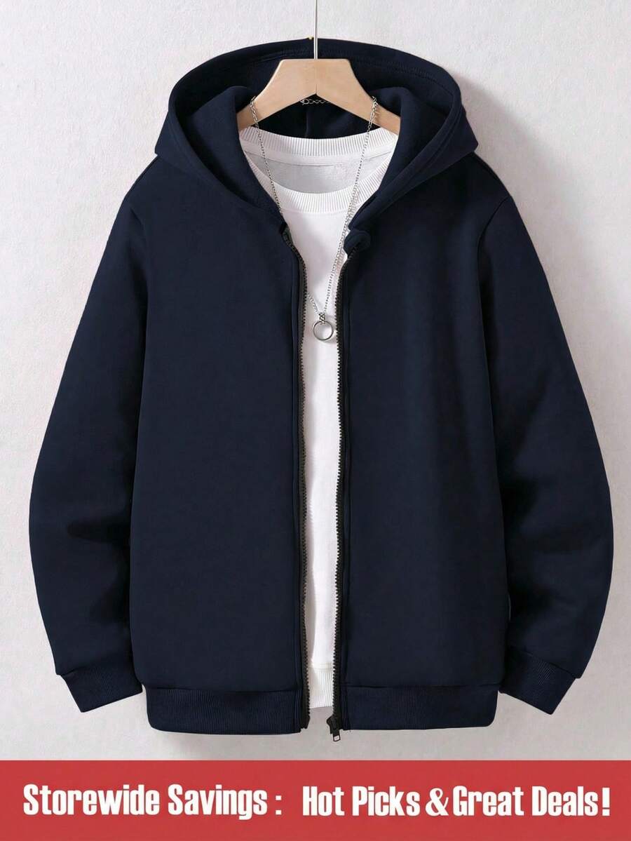 Moletom com Capuz Versátil de Cor Sólida Combinável para Adolescentes Meninos, Elegante para Escola, Campus, Faculdade no Outono/Inverno - Azul Marinho - Visão 1