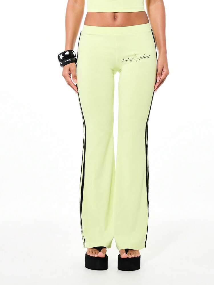 BABYPHAT Lime Green Jersey Flare Leggings With Black Side Tape Contrast Stripe Wide Leg Spring Summer Casual Fashion Statement Bottoms