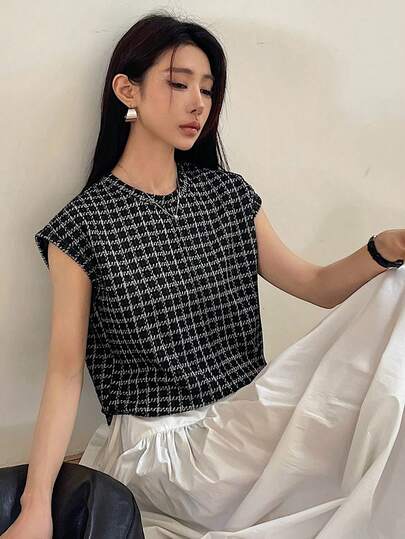 DAZY Spring & Summer Fashion Plaid Color Block Loose Business Casual Stylish Office Wear Women Short Sleeve T-Shirt