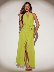 SHEIN ICON 女士荧光绿深V领高开衩连衣裙 - 綠色 - 查看 1