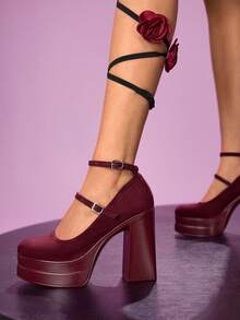 CUCCOO LuxiPop 女士时尚酒红色踝带厚底粗跟高跟鞋 春季鞋款 春假复活节舞会圣诞节高跟鞋 - 酒紅色鹿皮絨 - 查看 10