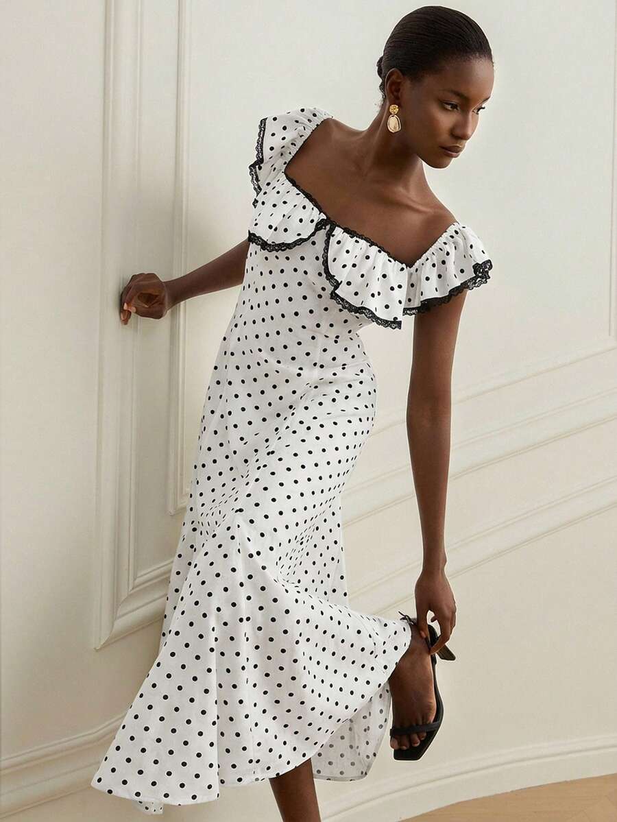 BELROSIE French Retro White With Black Polka Dots Ruffle Contrast Lace Hem Flared Skirt, Adjustable Straps Versatile Romantic Elegant Dress Garden Party - White - View 1