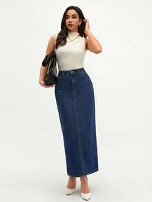 RueChic High Waist Slant Pocket Denim Skirt - Medium Wash - View 3