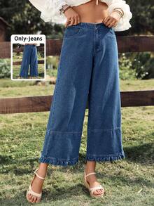Breezaya Quần jeans ống rộng xếp ly dáng casual thời trang nữ - Rửa tối - Xem 1