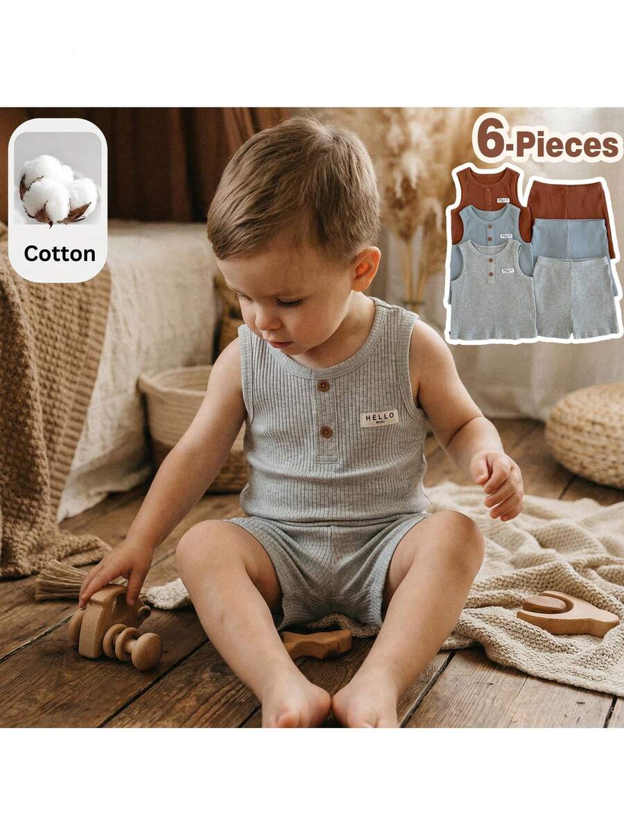 Loomiva Set de 6 piezas de chaleco y pantalones cortos de punto casual y lindo para bebé niño, conjunto básico de verano - Multicolor - Ver 1