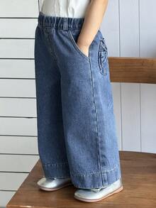 DAZY 女童水洗韩式宽松阔腿休闲牛仔裤 - 藍色 - 查看 4