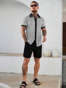 Manfinity CasualCool Men's Striped Polo Collar Single-Breasted Casual Versatile Daily Wear Short Sleeve Shirt - White - View 3