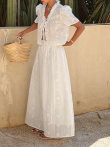 DAZY Bộ đồ 2 món dành cho nữ, gồm áo và chân váy tay cánh hoa, viền bèo nhún, thắt nơ phía trước, thích hợp cho kỳ nghỉ. - trắng - Xem 3