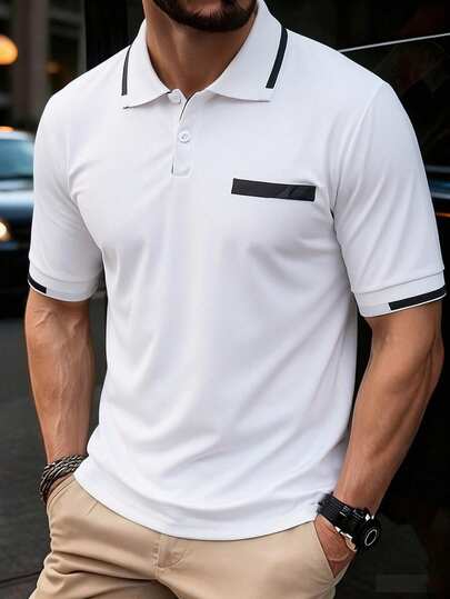 1pc Fashionable White Polo Shirt For Teenage Boys, Soft & Comfortable Fabric, Suitable For Outings, Photos, School, Versatile Stylish Short Sleeve Polo Shirt