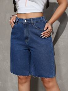 SHEIN Tall 女士夏季休闲斜插口袋毛边牛仔短裤 - 中等水洗藍 - 查看 4