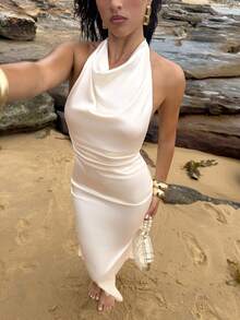 Opulessa Đầm quây hở lưng màu trơn dệt kim dành cho nữ, thích hợp cho kỳ nghỉ xuân/hè. - Màu be - Xem 7