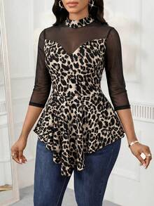 SHEIN Lady 女士豹纹网纱拼接七分袖荷叶边下摆上衣 - 棕色 - 查看 4