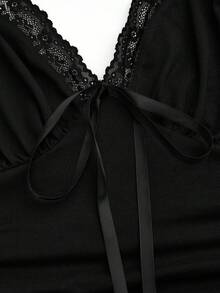 Sweetra Vestido sin mangas con cuello halter, de talla grande, de unicolor con aplicaciones de encaje - Negro - Ver 6