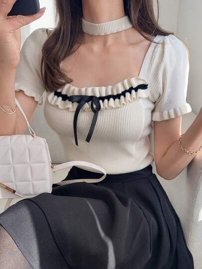 FRIFUL Women's Contrast Color Tie Knot Butterfly Decor Fitted Knit Top, Versatile For Spring & Summer